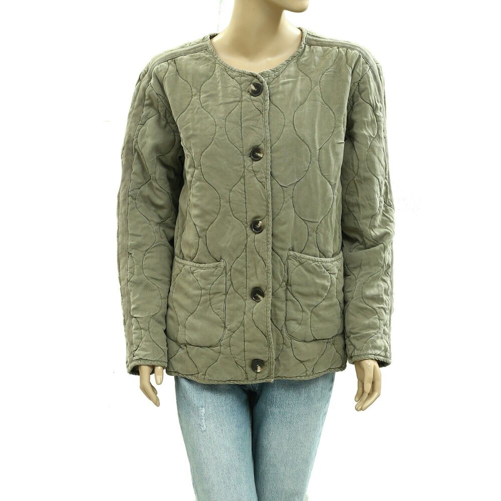 Green Coast Buttondown Quilted Jacket Top Long Sleeve Oversized XS NWD 285023